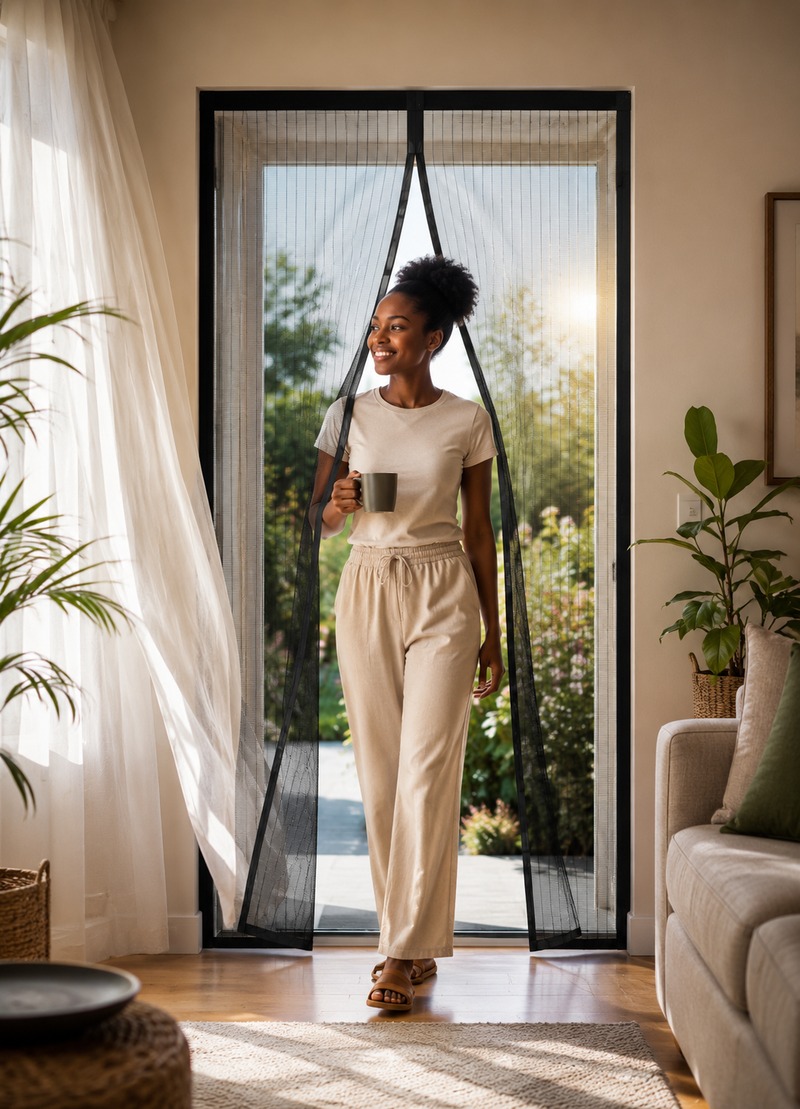 Woman walking hands-free through a magnetic mesh door with fresh air flowing in