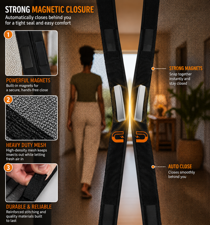 Magnets snapping the mesh door closed automatically after walking through