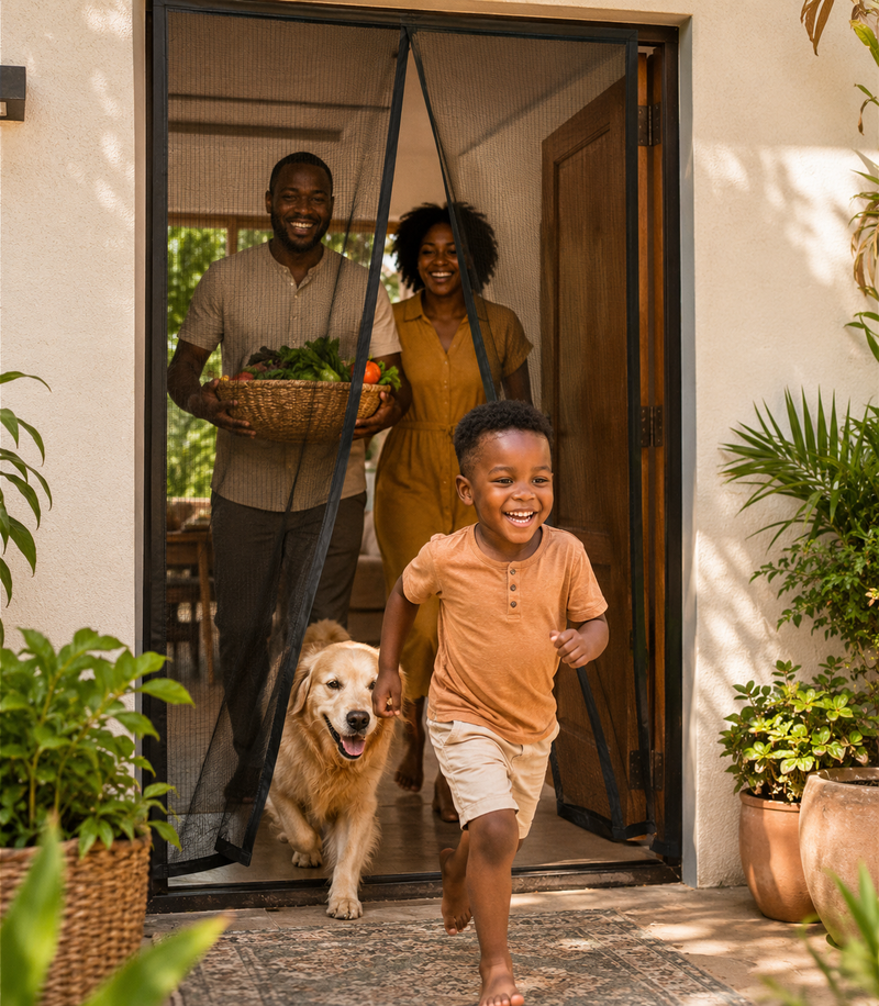 Family with kids and pet passing hands-free through the magnetic mesh door