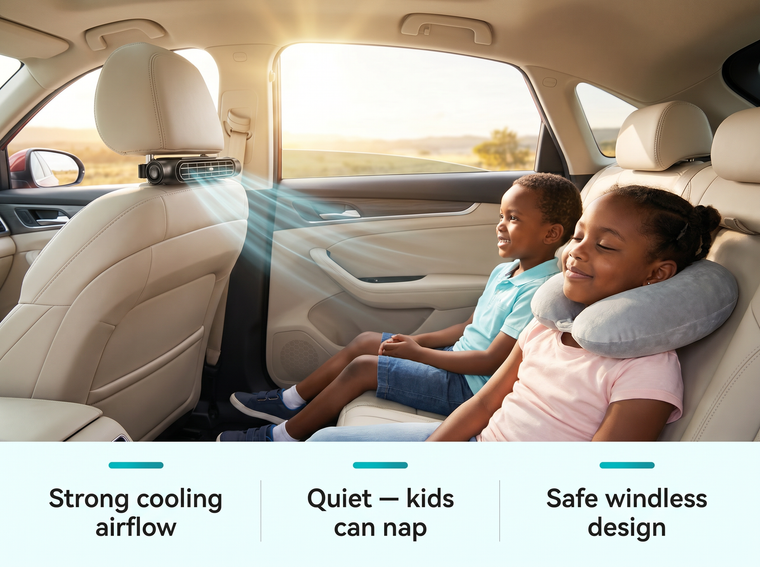 Kids comfortable with quiet car fan