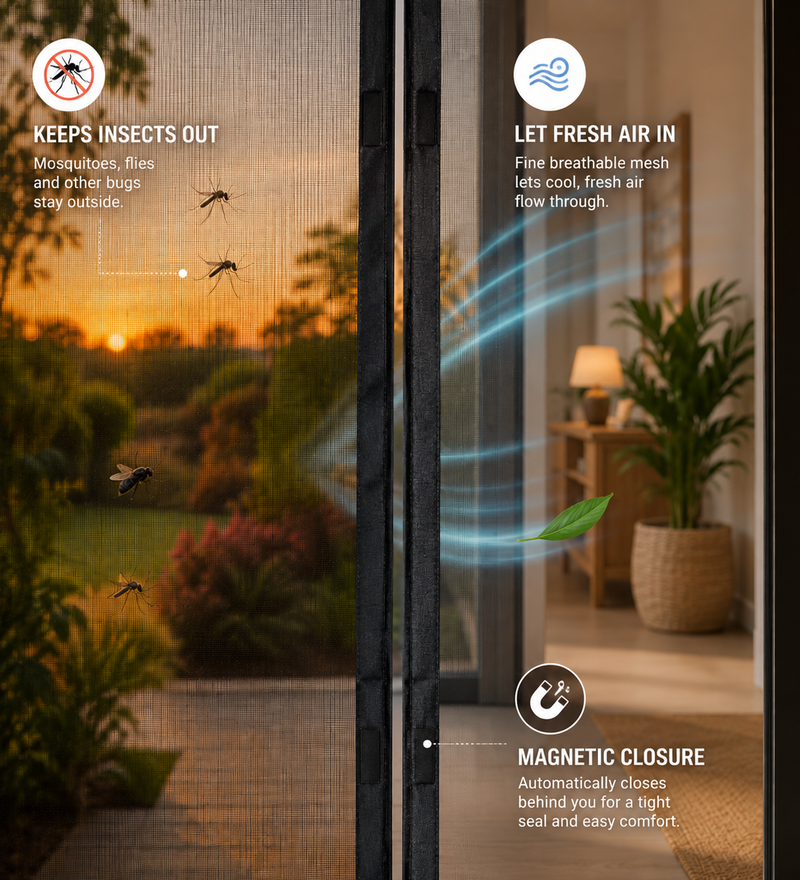 Mesh door blocking mosquitoes and flies while fresh air flows inside