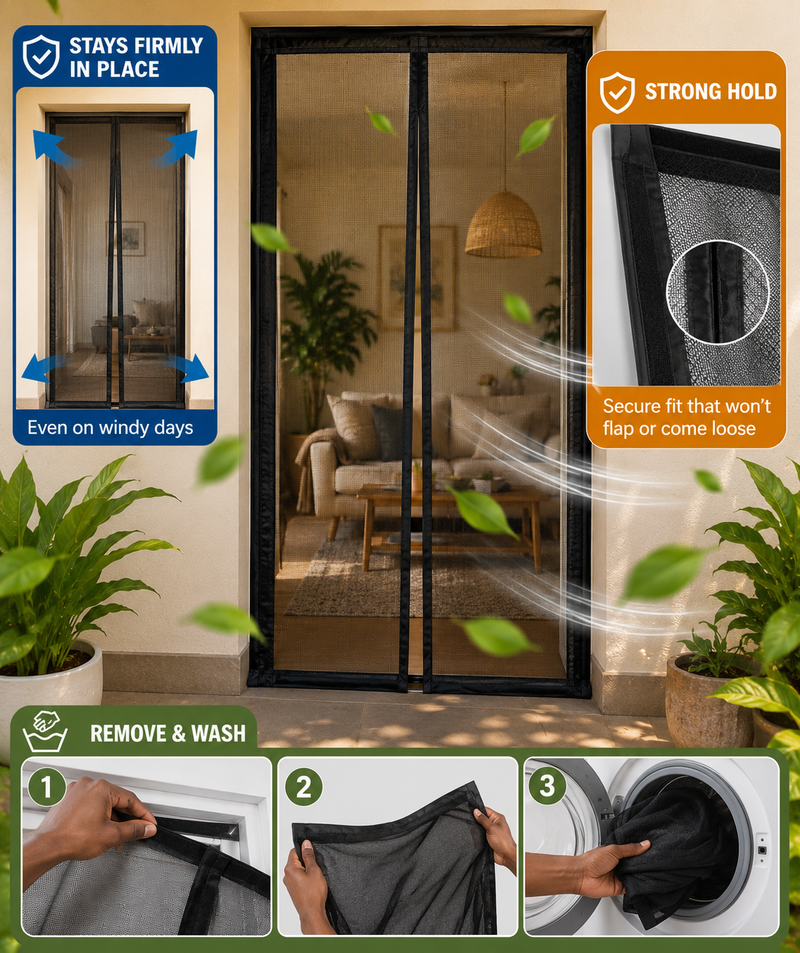 Wind-resistant reinforced mesh door that is removable and washable