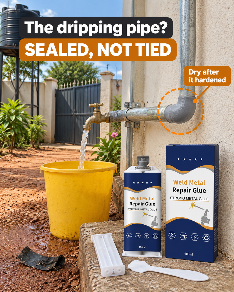 A pipe sealed with a smooth band of grey epoxy, dry, tap running