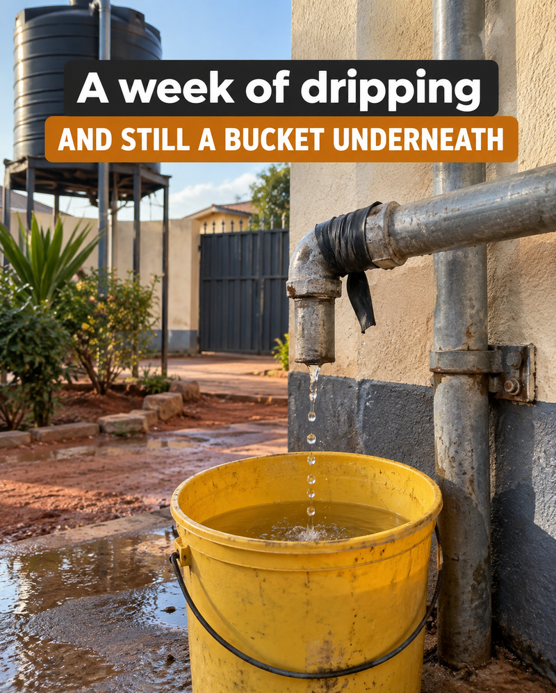 A dripping pipe tied with a strip of rubber tube, a bucket underneath
