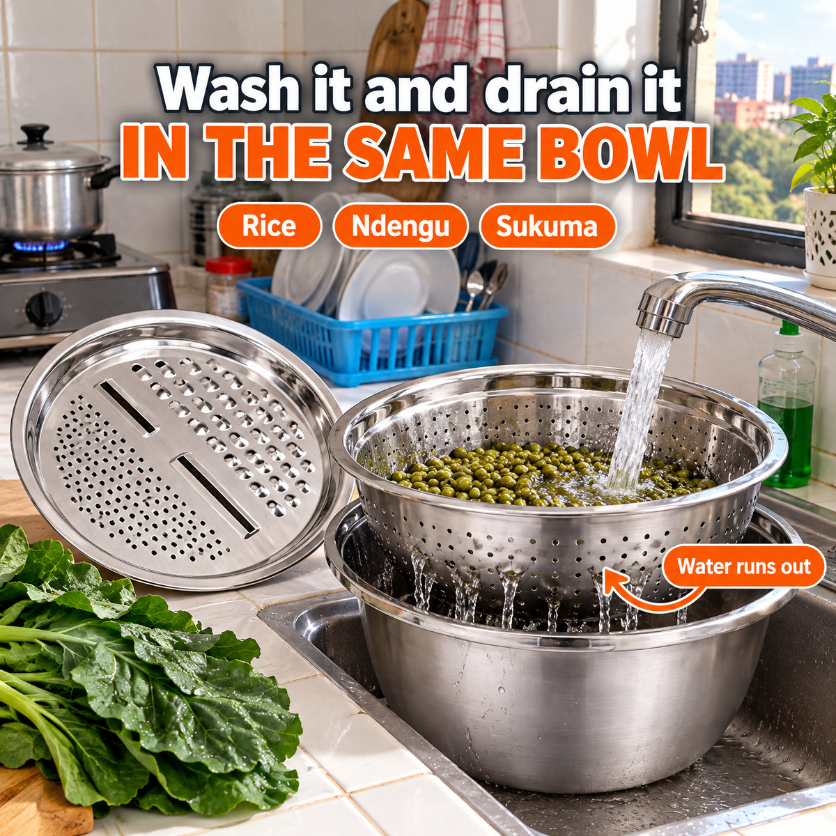 JikoTrio 3-in-1 Grater Basin Set Rice, ndengu, sukuma