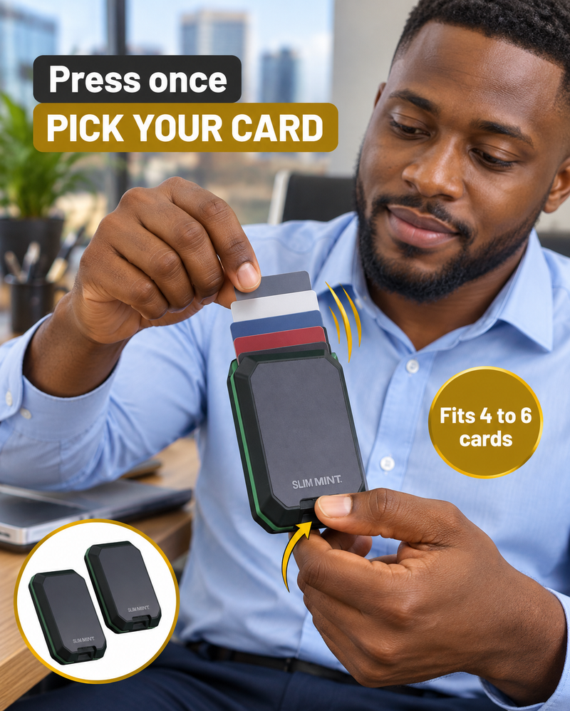 Thumb on the button, cards fanning out of the aluminium case