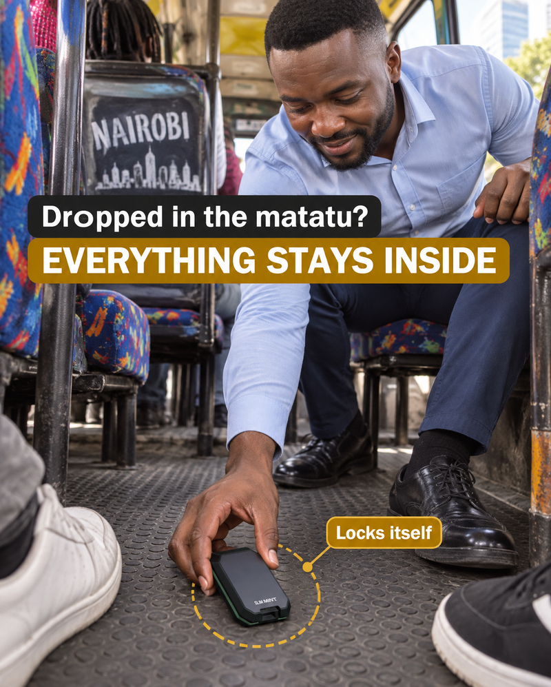 The closed aluminium case lying shut on a matatu floor