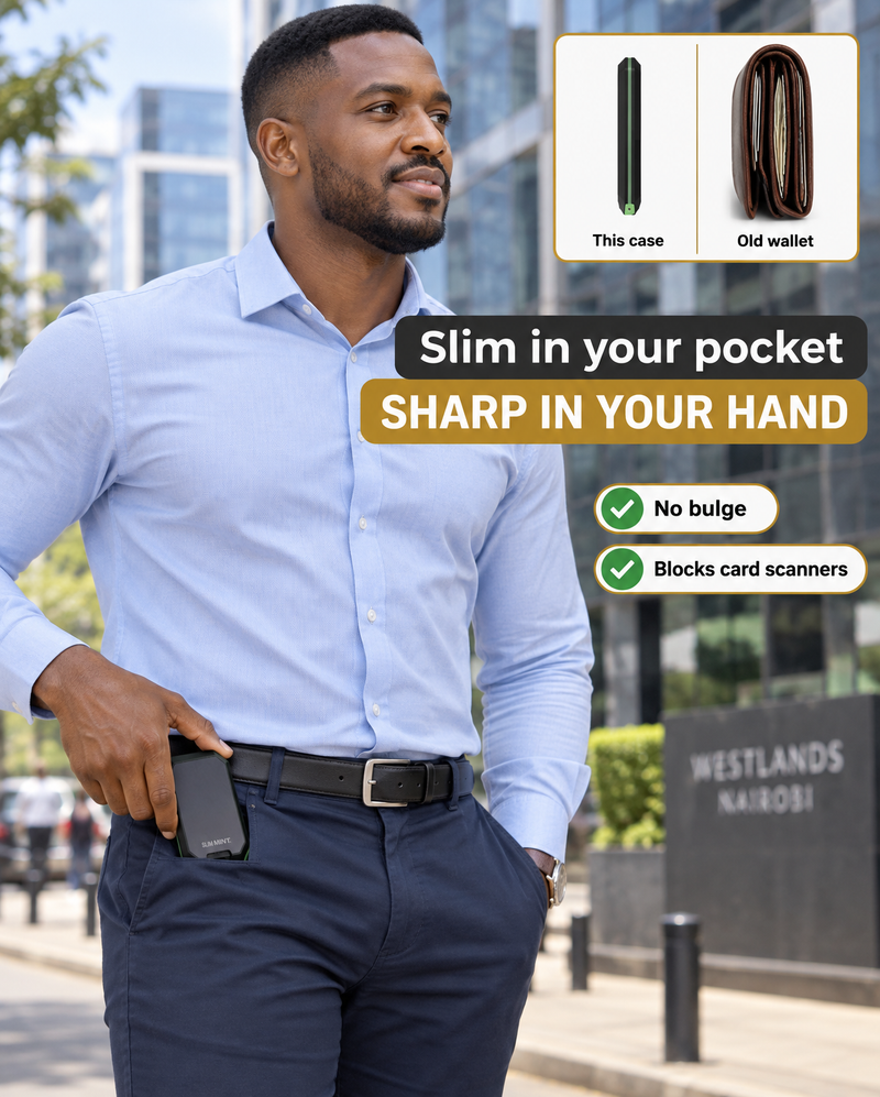 The slim case sliding into the front pocket of fitted trousers
