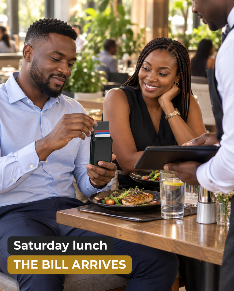Kenyan man paying the bill at a restaurant table with the slim case