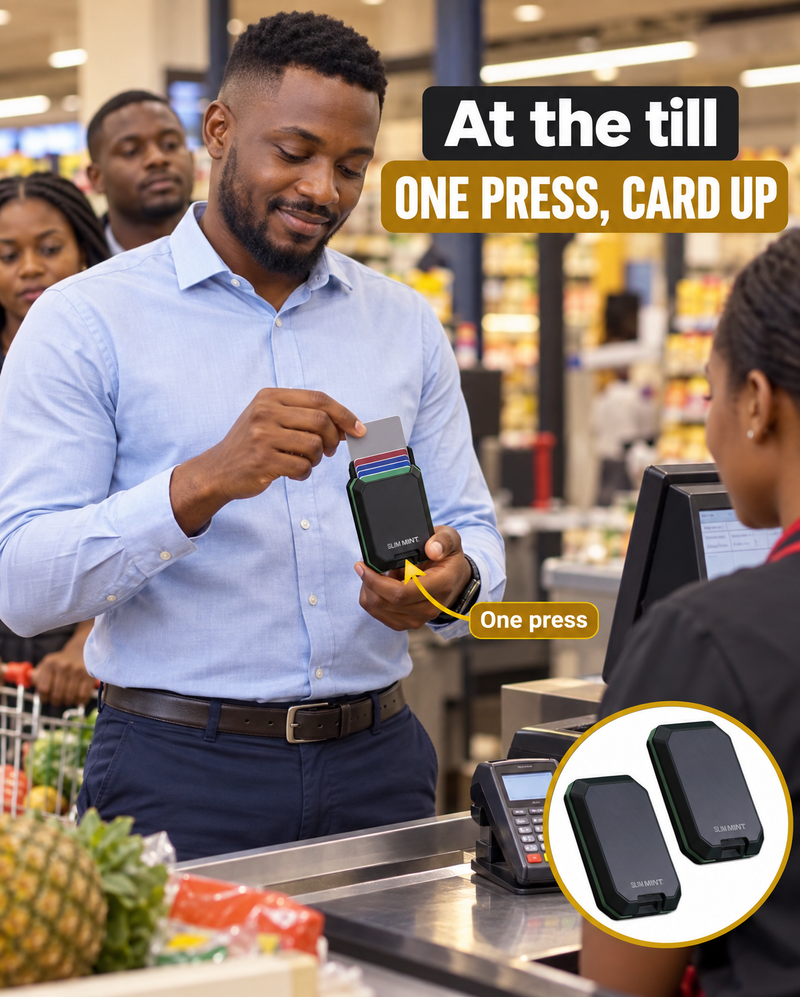 Kenyan man pressing the KadiSafe button at a supermarket till, cards fanned out