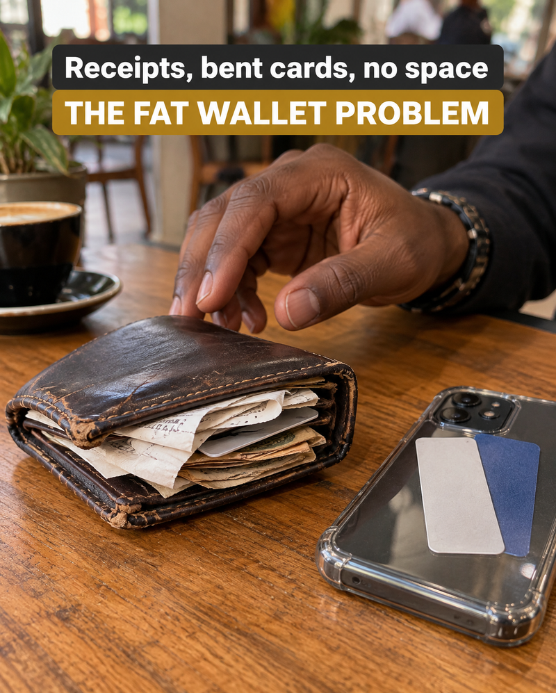 A fat, peeling leather wallet stuffed with receipts and cards
