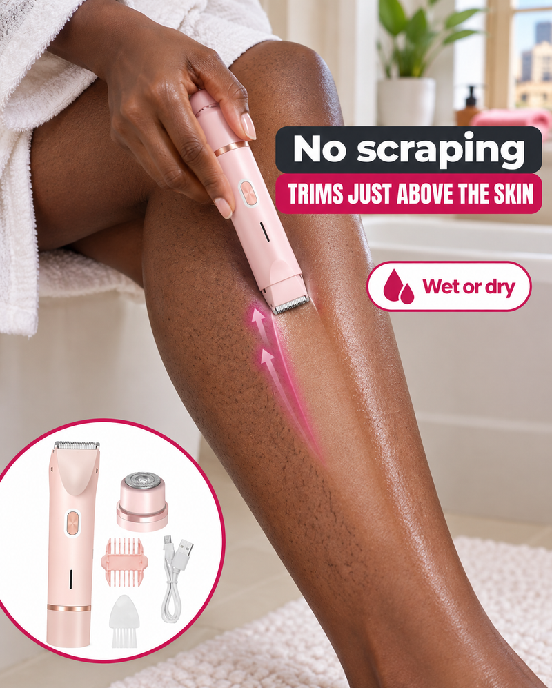 The trimmer head gliding along a lower leg, leaving smooth skin behind