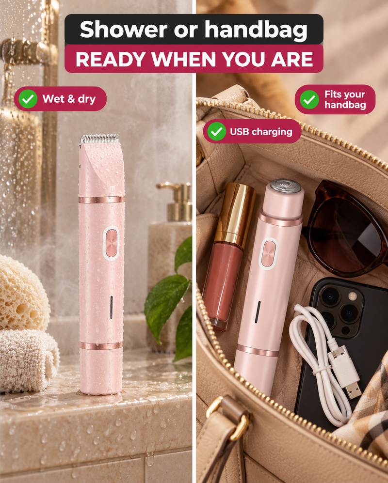 The trimmer on a shower shelf with water drops, and next to a lipstick in a handbag