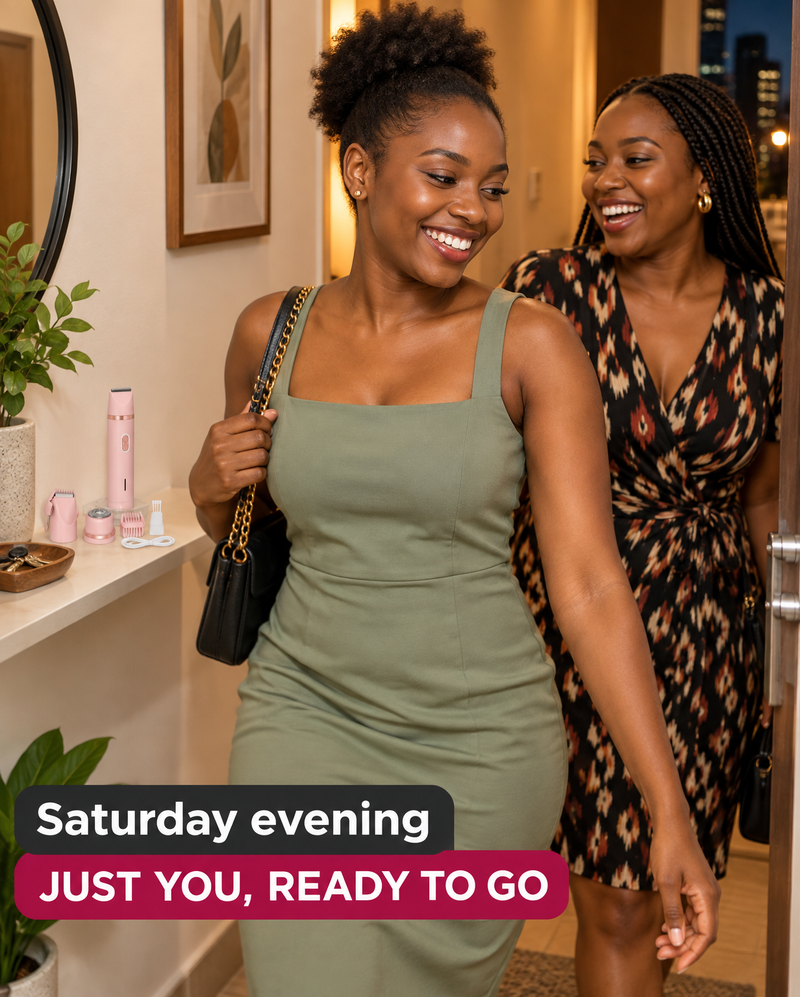 Kenyan woman in a sleeveless dress laughing with a friend as they leave for the evening