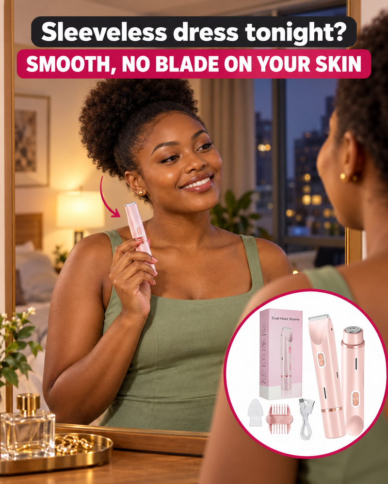 Kenyan woman getting ready in a sleeveless dress, the pink Laini trimmer in her hand