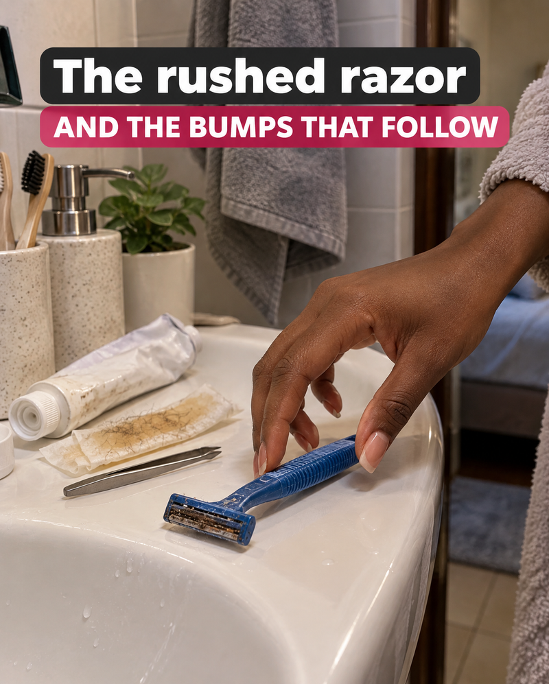 An old disposable razor, wax strips and a tube of hair removal cream by a bathroom sink