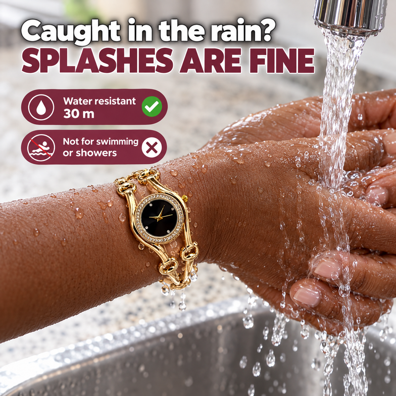 Water droplets on the watch by a sink