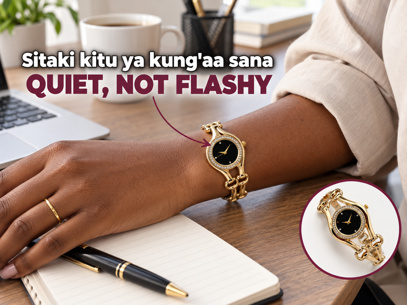 The Noir Bangle on a wrist beside a desk