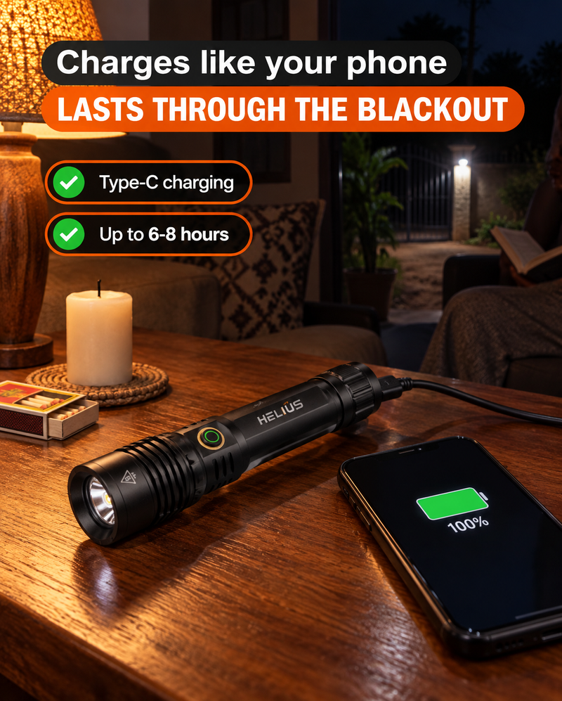 The torch charging with a Type-C cable on a table next to a fully charged phone and an unlit candle