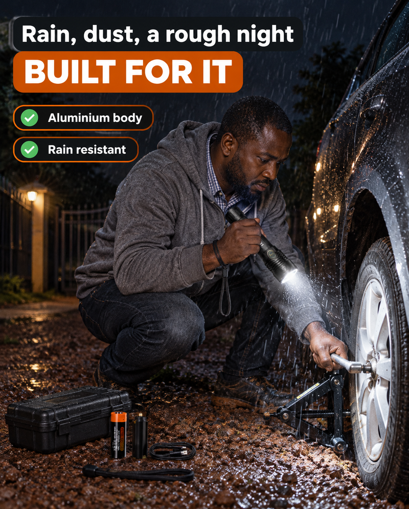 A man changing a flat tyre on a dark roadside in light rain, the torch lighting the wheel