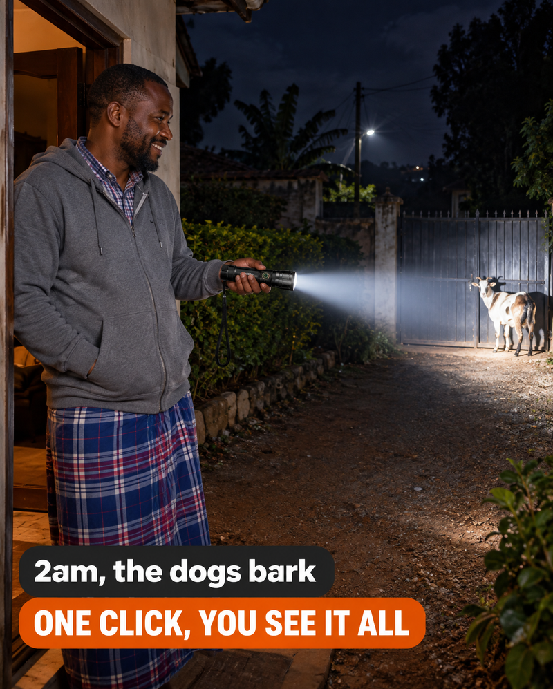 A man at his door at night, relaxed, the torch beam showing a goat by the gate