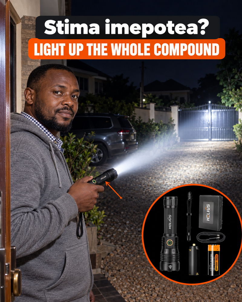 Kenyan man at his front door at night, the torch beam lighting the compound all the way to the gate