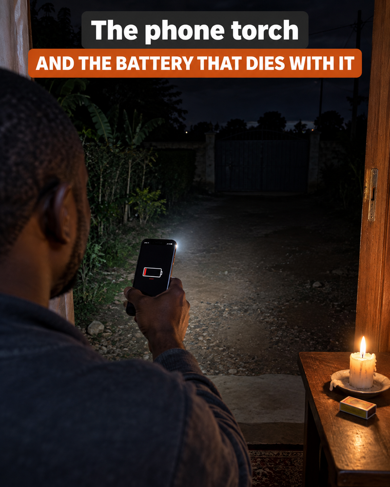 A phone torch with a low battery showing a weak light that fades into a dark compound