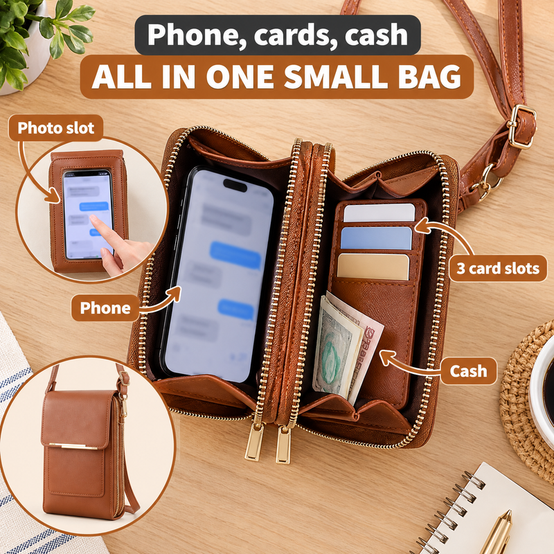 Phone, cards and cash. One small bag.