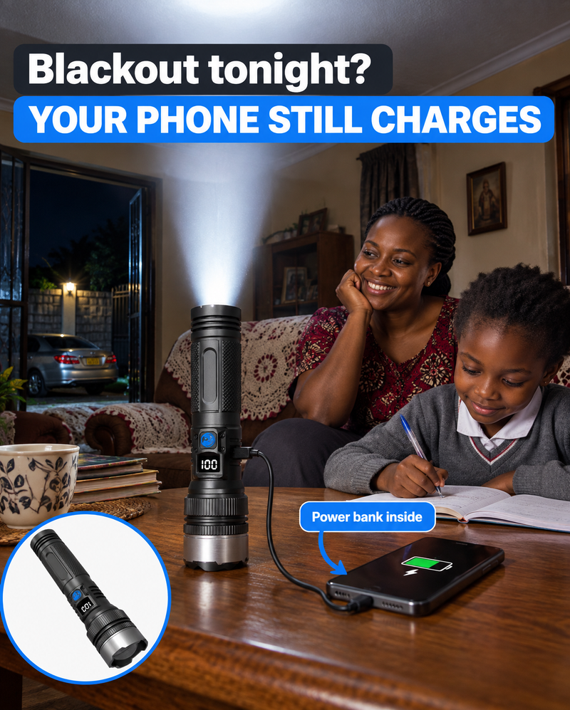 A phone charging from the TaaChaji torch during a blackout