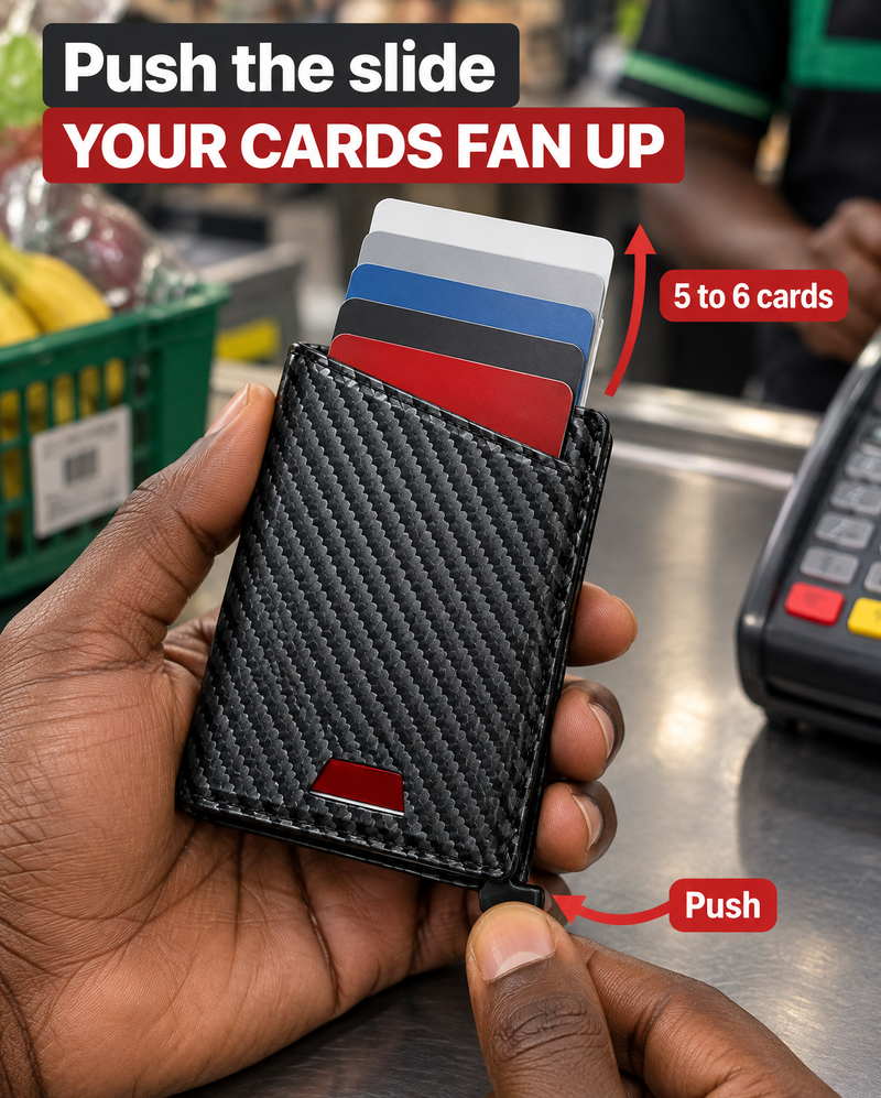 A thumb pushing the slide of the wallet, five cards fanning up out of the metal case