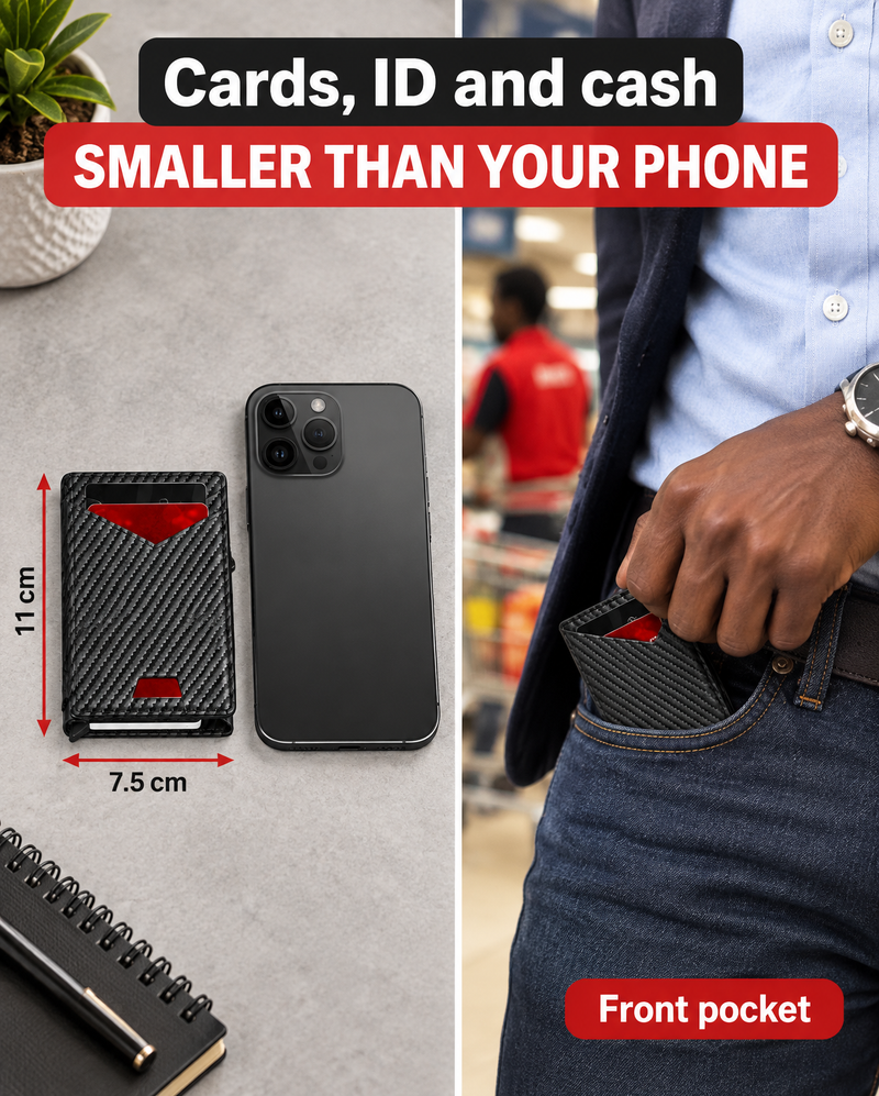 The slim wallet next to a phone, smaller than the phone, then sliding into a jeans front pocket