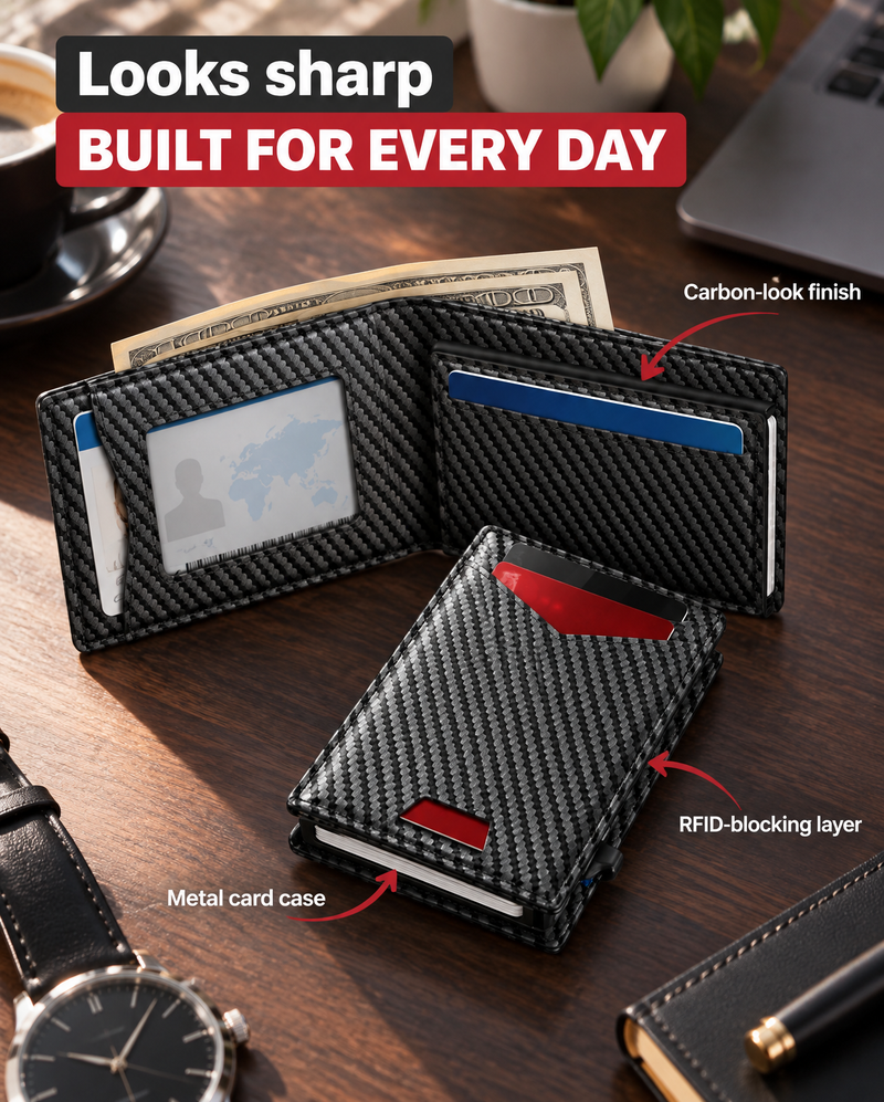 Close-up of the carbon-look texture, the red pull tab and the metal card case