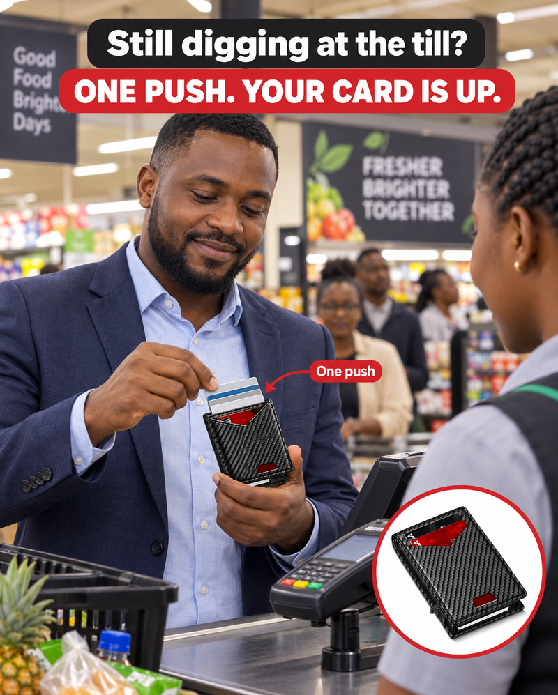 A man at a supermarket till paying with a card that popped up from his slim carbon-look wallet
