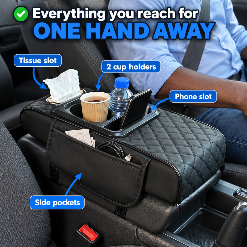 Phone, drink, tissues and papers one hand away