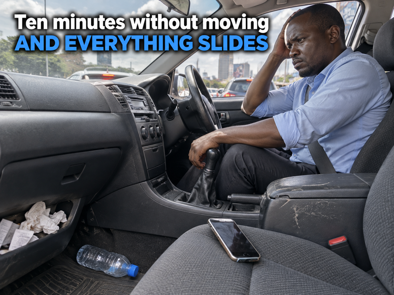 A cluttered car console in traffic