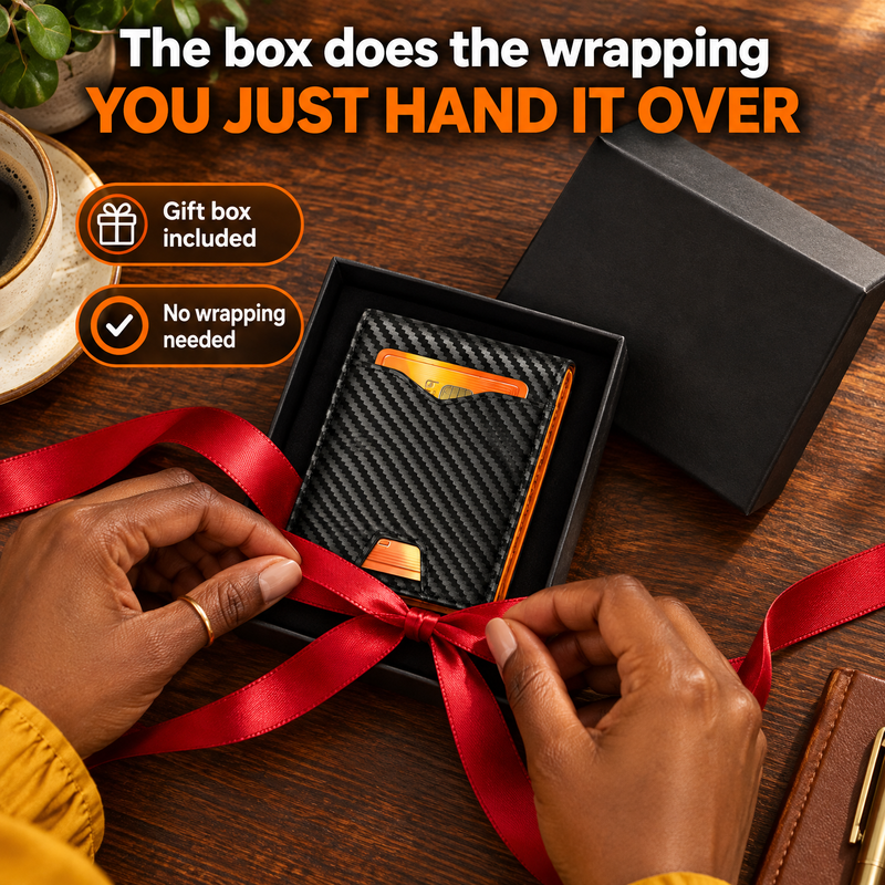 The slim wallet lying in its open black gift box with a red ribbon