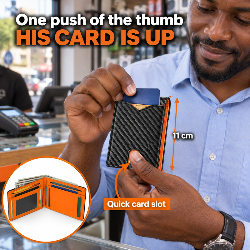 A man's thumb pushing a card up from the quick-access front slot of the slim carbon-look wallet