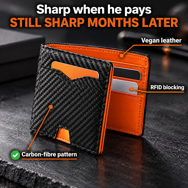 Close-up of the carbon-fibre pattern outside and the orange inside of the wallet