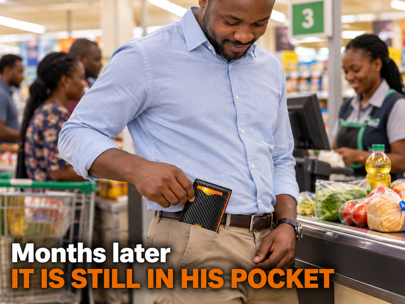 A Kenyan man at a shop counter taking the slim carbon-look wallet out of his pocket, smiling a little