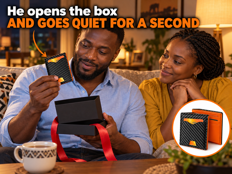 A Kenyan man opening a black gift box with a red ribbon, a slim black carbon-look wallet with an orange inside in his hands