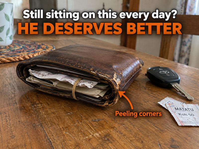 An old fat brown wallet with peeling corners and receipts sticking out, lying on a table